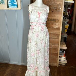 Vintage pink floral lace sundress midi maxi length boho 70s union made